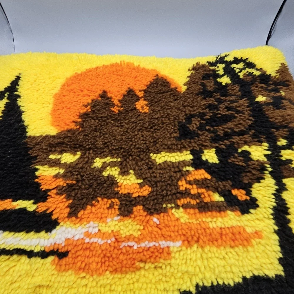 Vintage 70s Groovy Sailboat Sunset Nature Pillow Hand Made Latch‎ Hook 25x19
